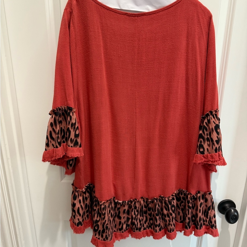 Umgee Red Top With Leopard Print Trim - image 4